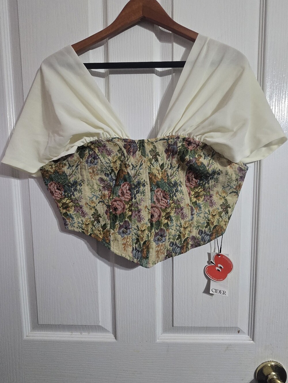 Cider Cream Draped Floral Brocade Crop Top